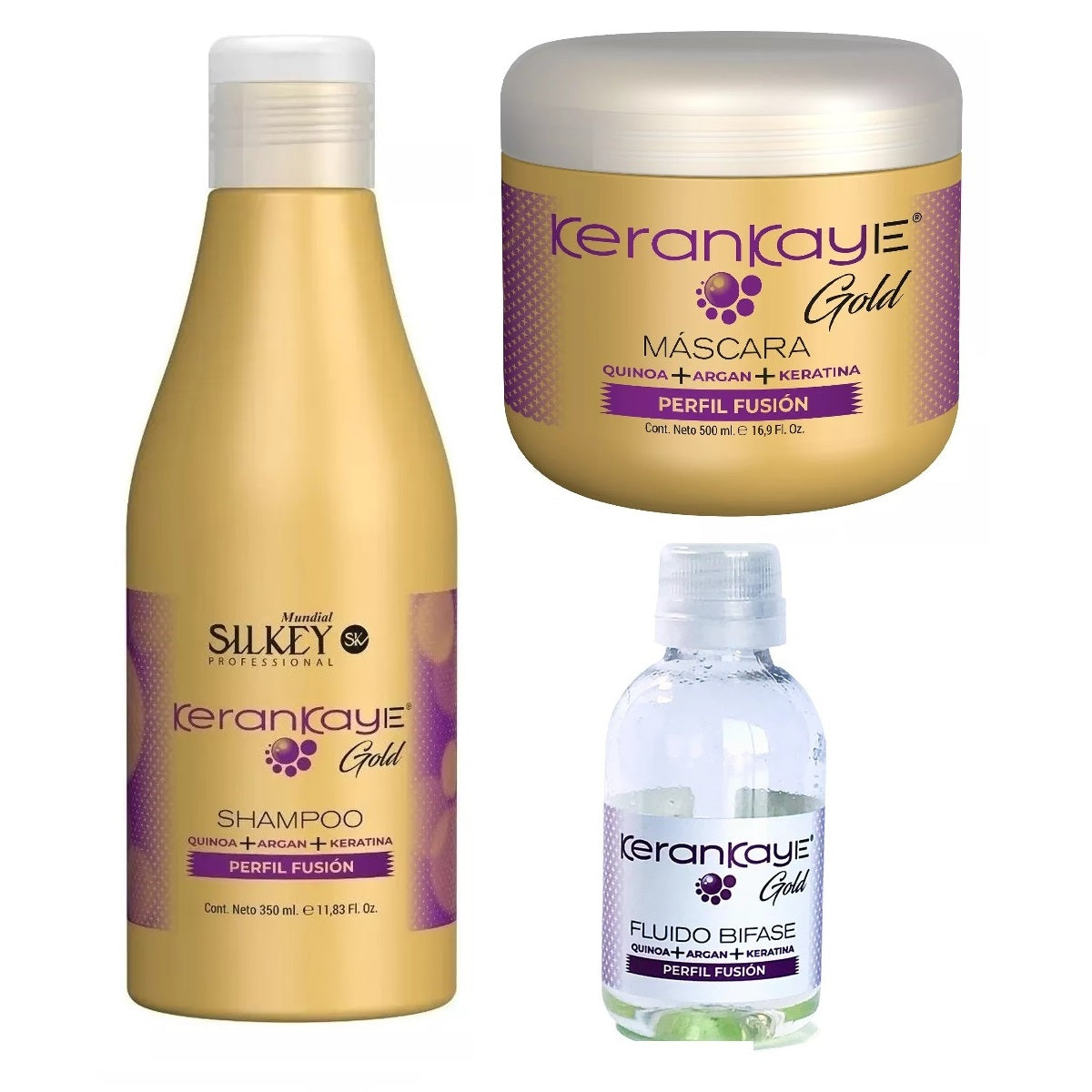 Pack Shampoo 350 ml + Mascara 500 ml + Fluido Bifase 30 ml  Kerankaye Gold de Silkey Perfil Fusión.